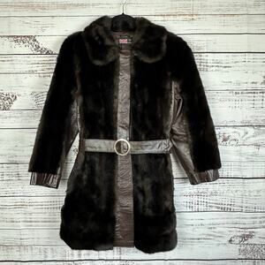 Women's VTG Tocci Imports Ltd Brown Faux Fur Leather Waist Belted Trench Coat S